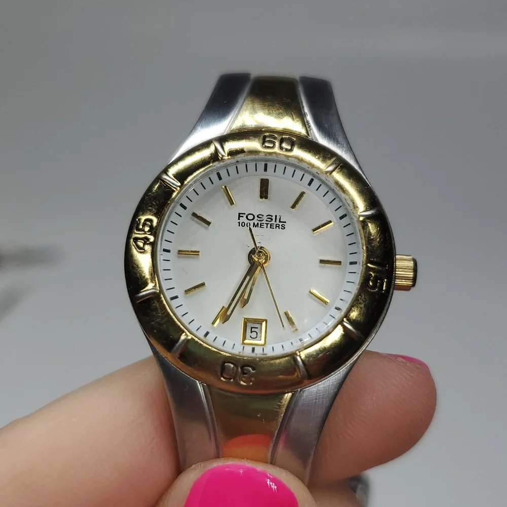 Vintage Fossil Blue AM3860 Two Tone Gold Silver Stainless Steel Watch